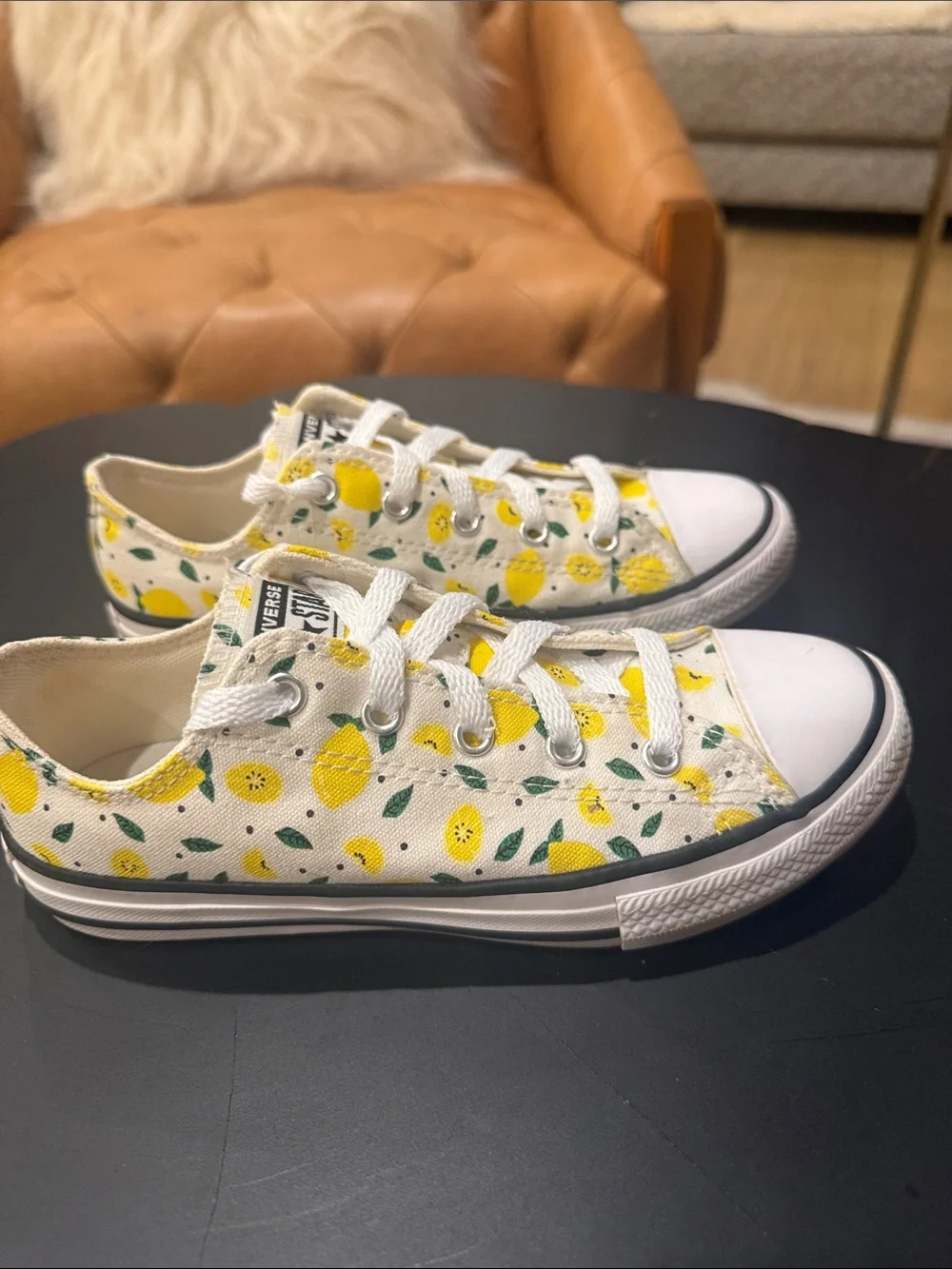 Converse All Star Kids White Low Top Sneakers with Yellow Lemon Print